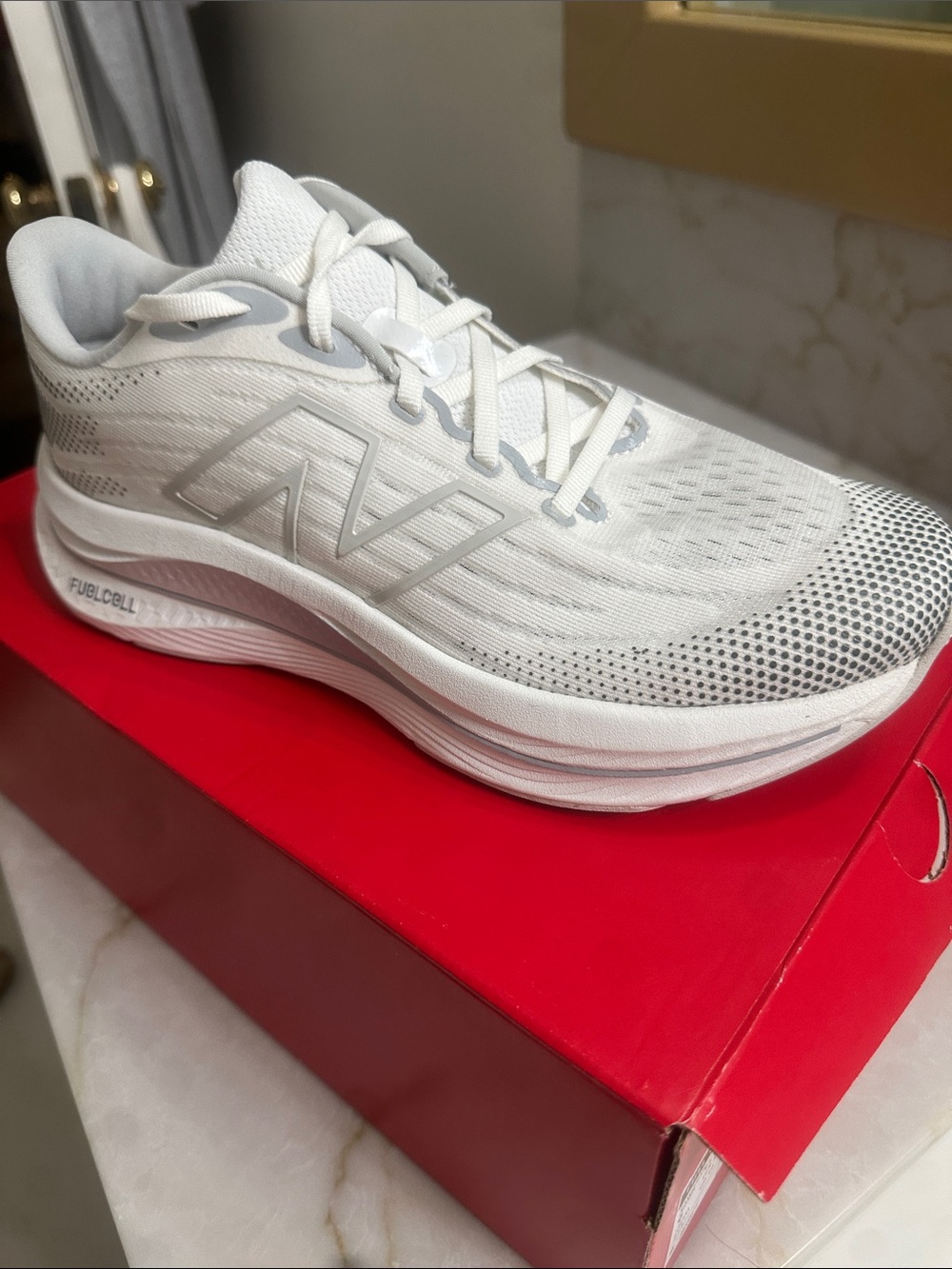 New Balance White and Light Gray FuelCell Running Shoe